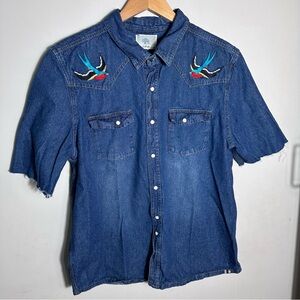 Bellfield Blue Denim Short-Sleeve Button-Front Shirt with Swallow Embroidery